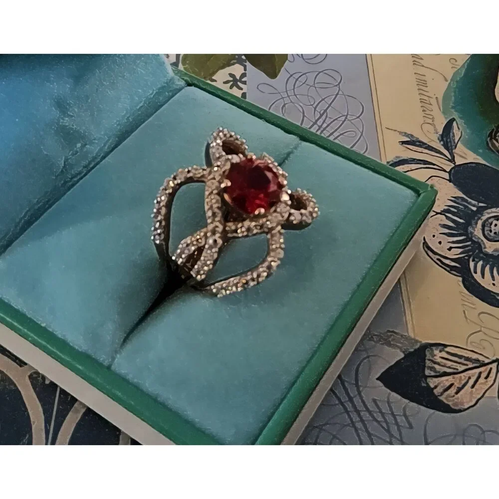 Vintage Signed SJ 925 Ruby & Simulated Diamond Rose Gold Statement Ring Sz 8